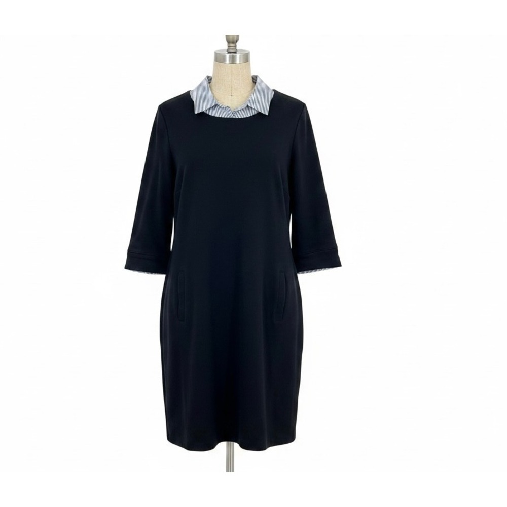 Talbots Shift Dress Navy Blue Knit Faux Layer‎ Stripe Collar Womens Large